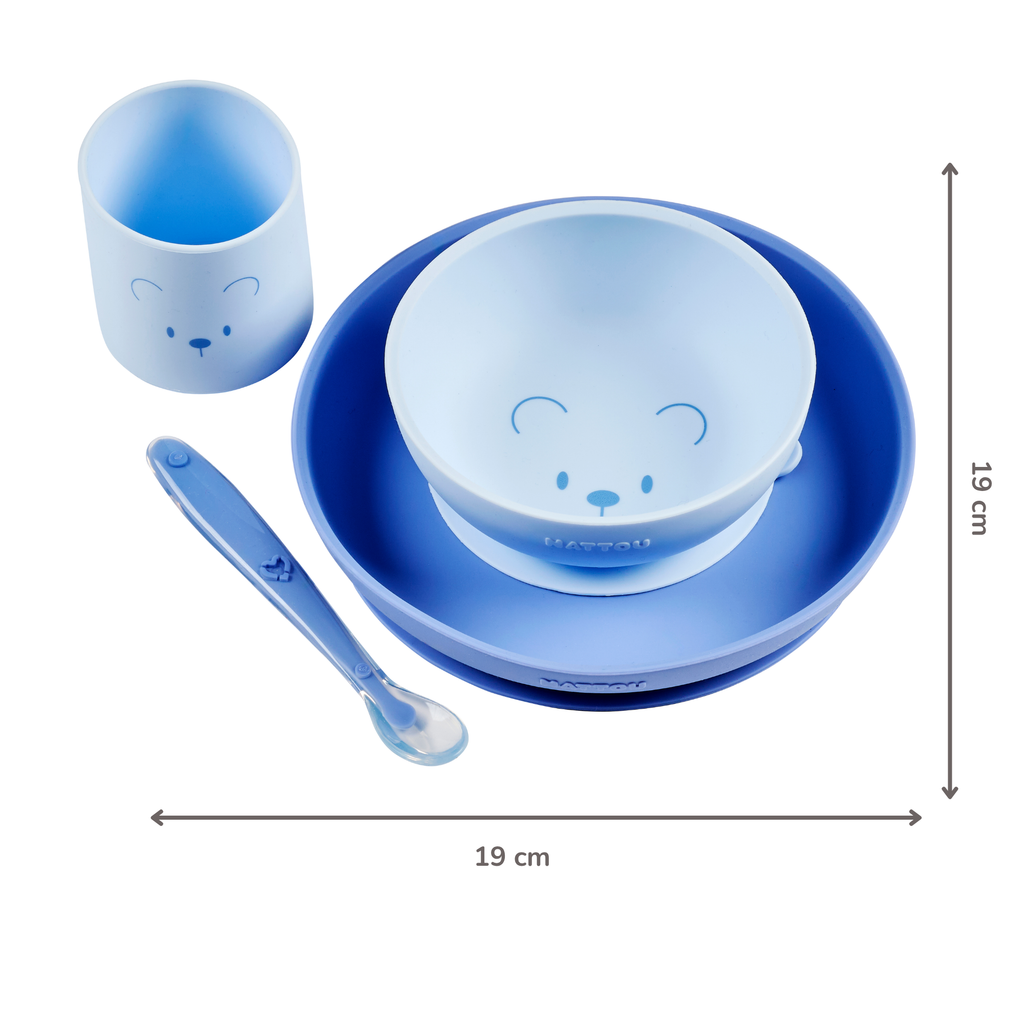 Mealtime Silicone Tableware Set for Children, 4 pcs with Suction - Blue [DE]