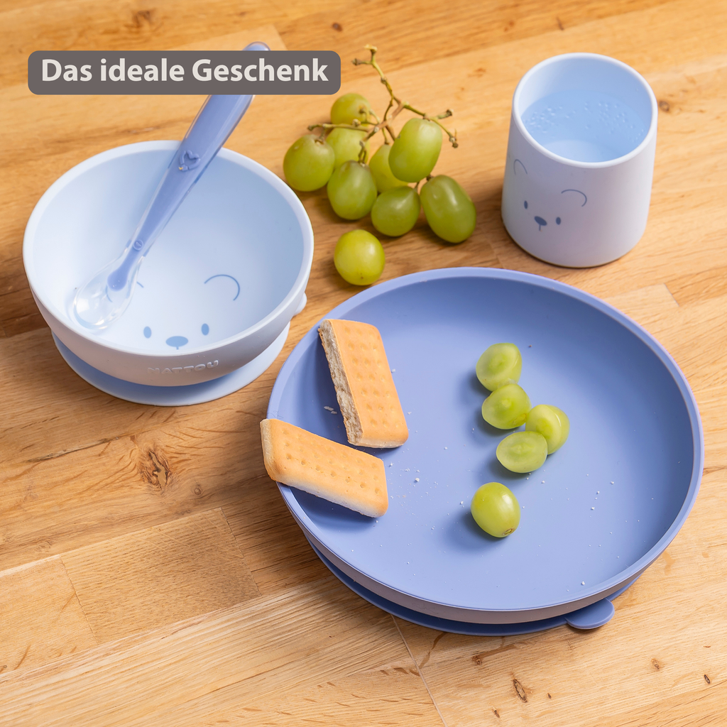 Mealtime Silicone Tableware Set for Children, 4 pcs with Suction - Blue [DE]