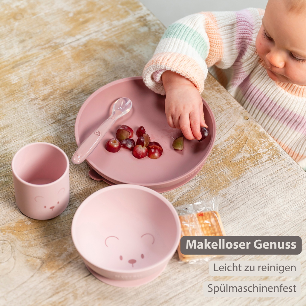 Mealtime Silicone Tableware Set for Children, 4 pcs with Suction - Pink [DE]