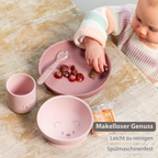 Mealtime Silicone Tableware Set for Children, 4 pcs with Suction - Pink [DE]