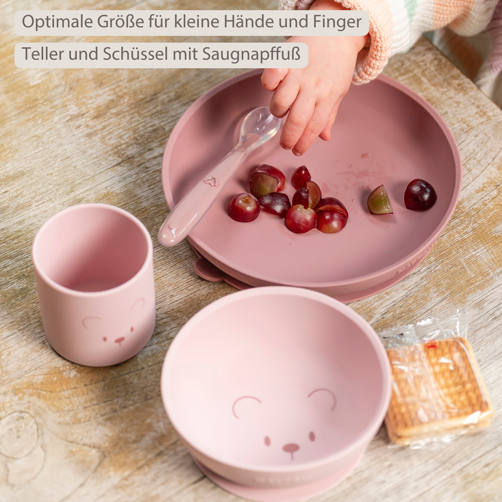 Mealtime Silicone Tableware Set for Children, 4 pcs with Suction - Pink [DE]