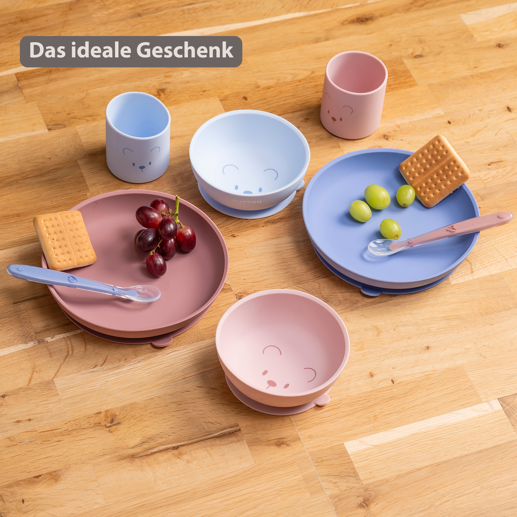 Mealtime Silicone Tableware Set for Children, 4 pcs with Suction - Pink [DE]