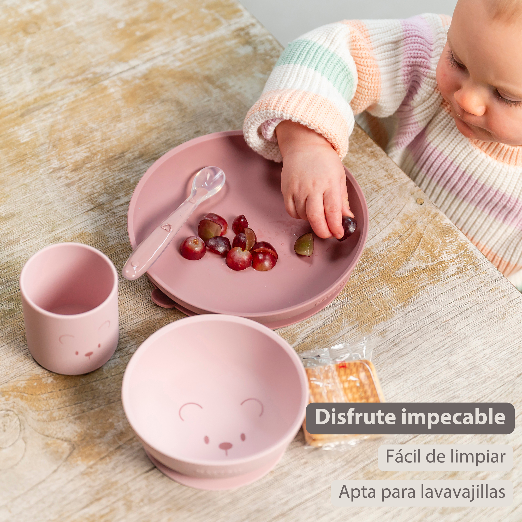 Mealtime Silicone Tableware Set for Children, 4 pcs with Suction - Pink [ES]