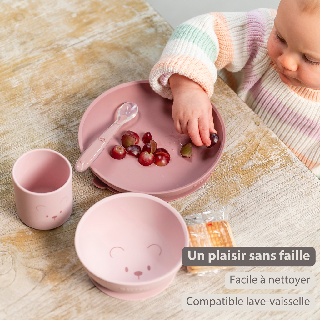 Mealtime Silicone Tableware Set for Children, 4 pcs with Suction - Pink [FR]