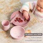 Mealtime Silicone Tableware Set for Children, 4 pcs with Suction - Pink [FR]