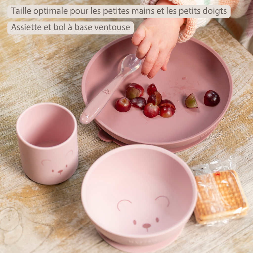 Mealtime Silicone Tableware Set for Children, 4 pcs with Suction - Pink [FR]