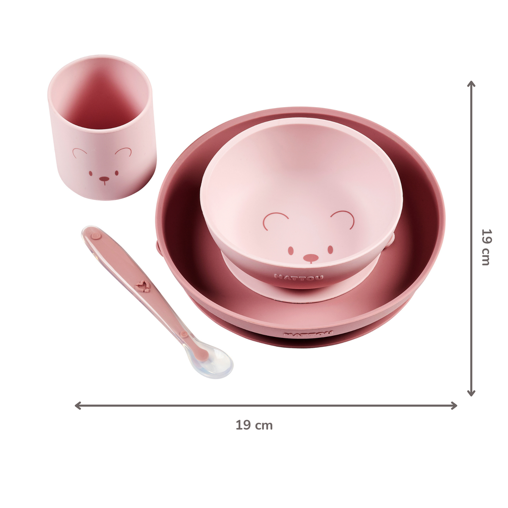 Mealtime Silicone Tableware Set for Children, 4 pcs with Suction - Pink [FR]