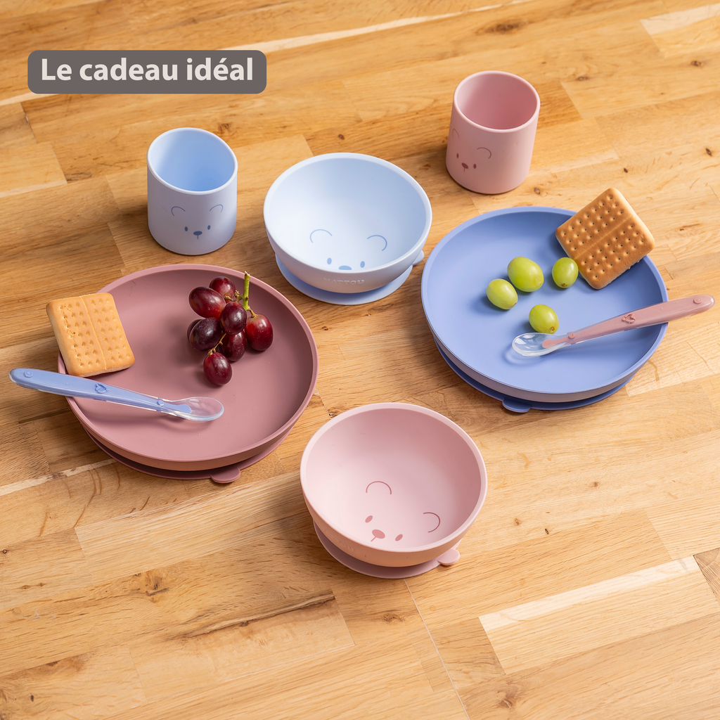 Mealtime Silicone Tableware Set for Children, 4 pcs with Suction - Pink [FR]