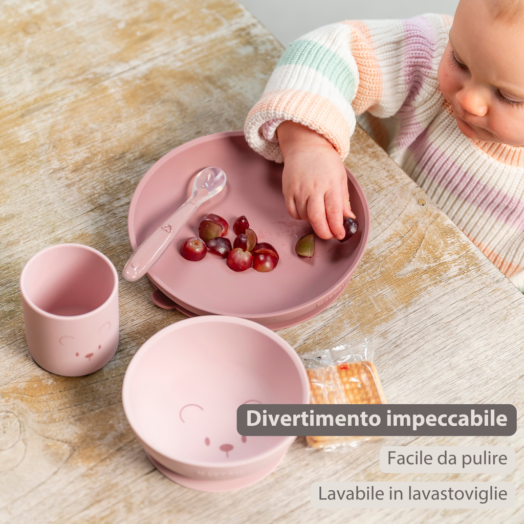 Mealtime Silicone Tableware Set for Children, 4 pcs with Suction - Pink [IT]