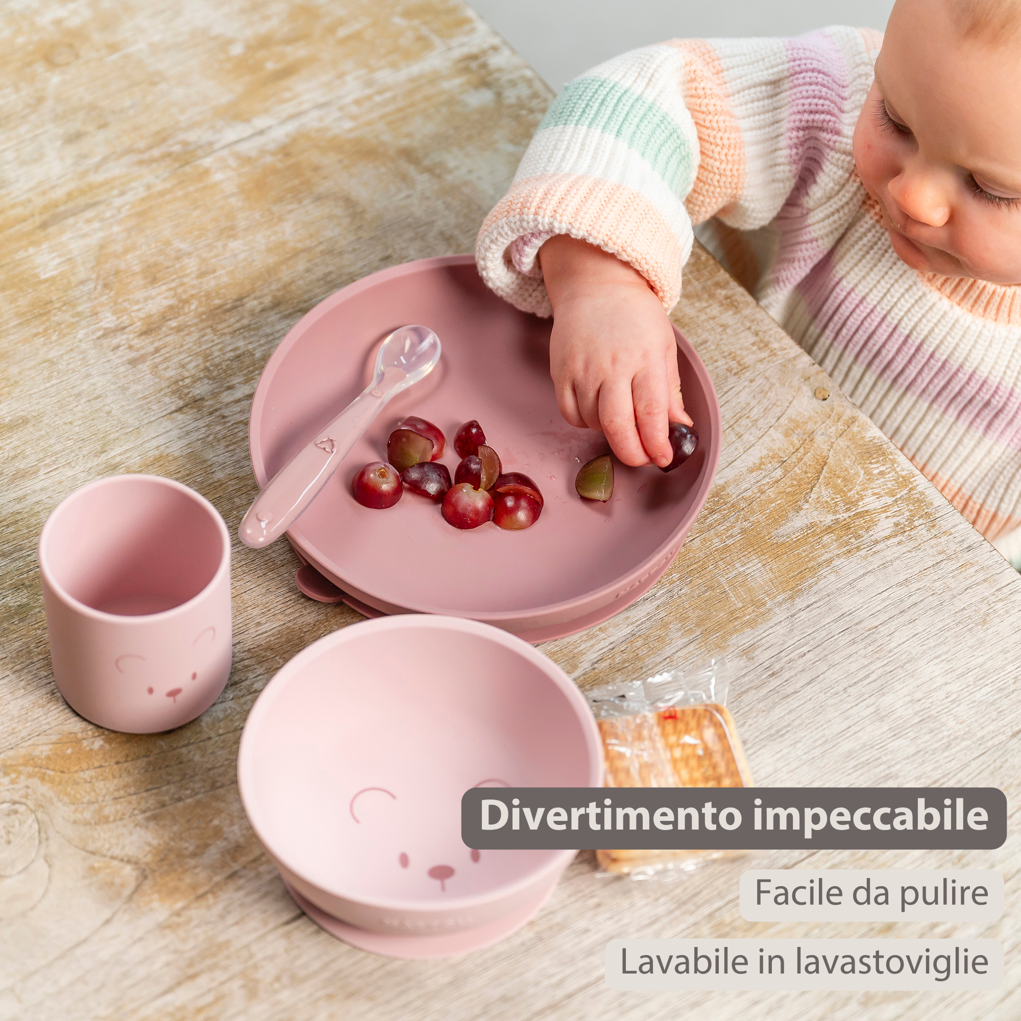 Mealtime Silicone Tableware Set for Children, 4 pcs with Suction - Pink [IT]