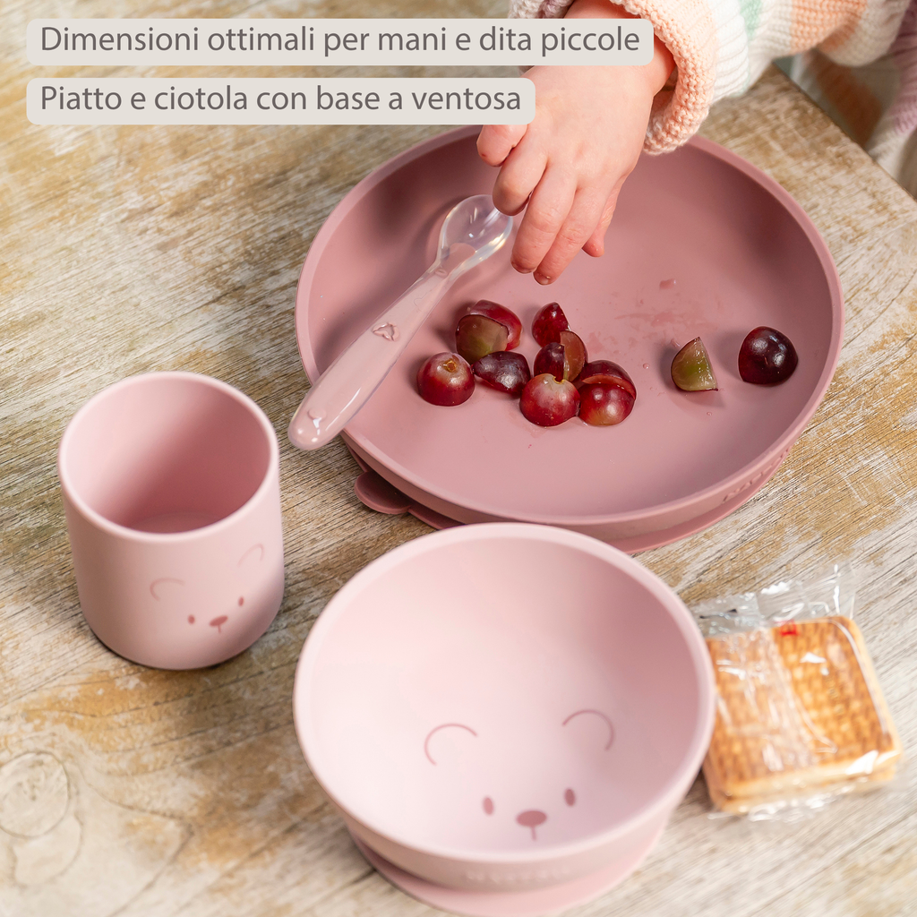 Mealtime Silicone Tableware Set for Children, 4 pcs with Suction - Pink [IT]