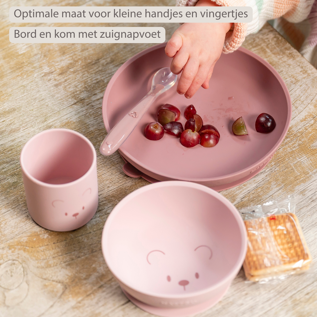 Mealtime Silicone Tableware Set for Children, 4 pcs with Suction - Pink [NL]