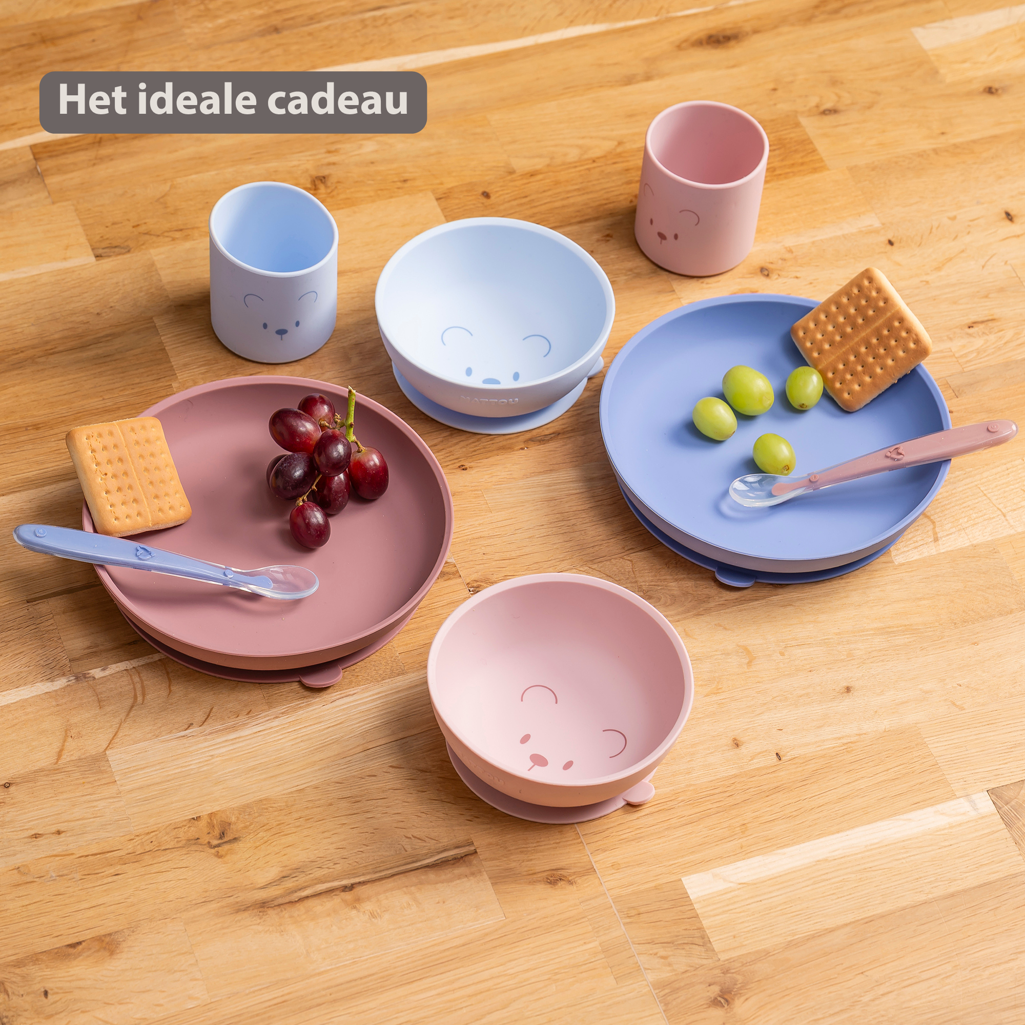 Mealtime Silicone Tableware Set for Children, 4 pcs with Suction - Pink [NL]