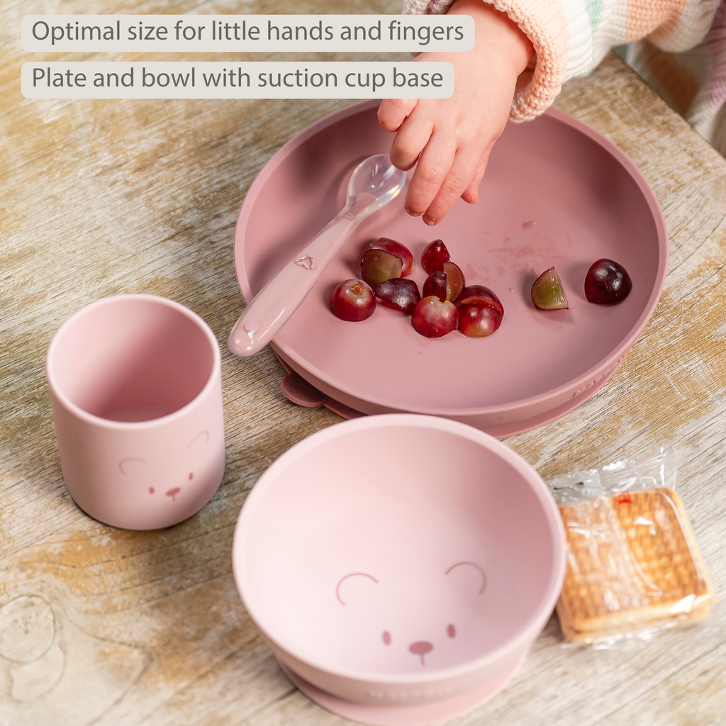 Mealtime Silicone Tableware Set for Children, 4 pcs with Suction - Pink [EN]