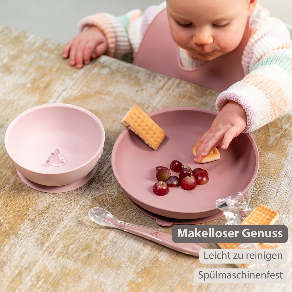 Mealtime Dinner Set for Children Silicone 4 Pieces with Suction Cup - Pink [DE]
