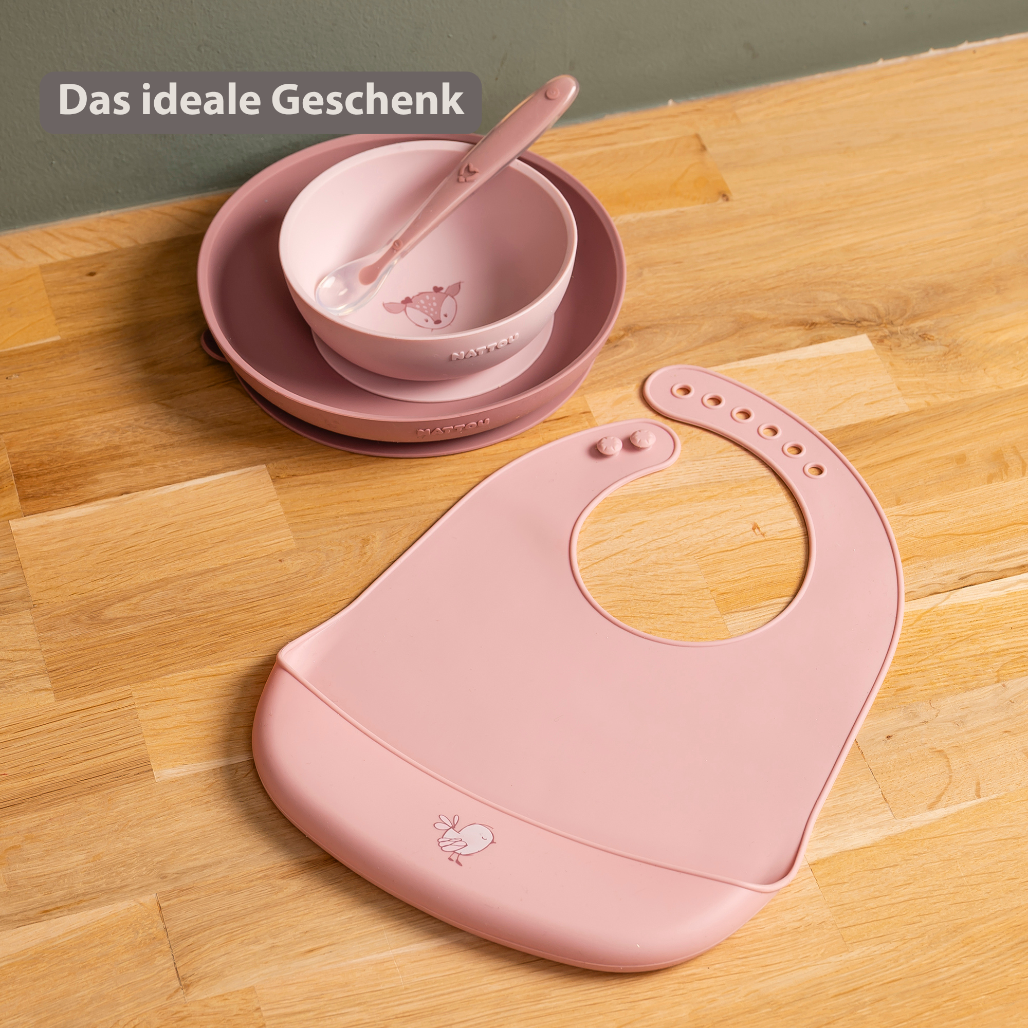 Mealtime Dinner Set for Children Silicone 4 Pieces with Suction Cup - Pink [DE]