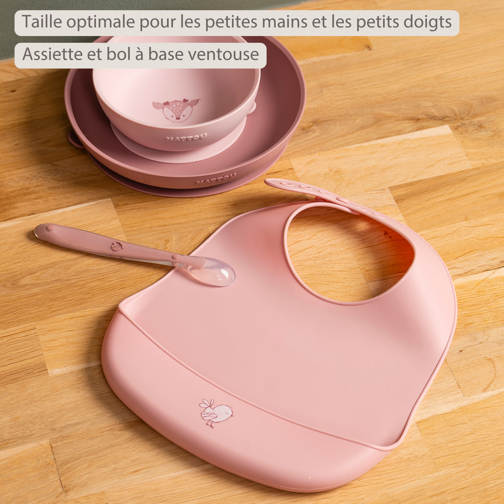 Mealtime Dinner Set for Children Silicone 4 Pieces with Suction Cup - Pink [FR]