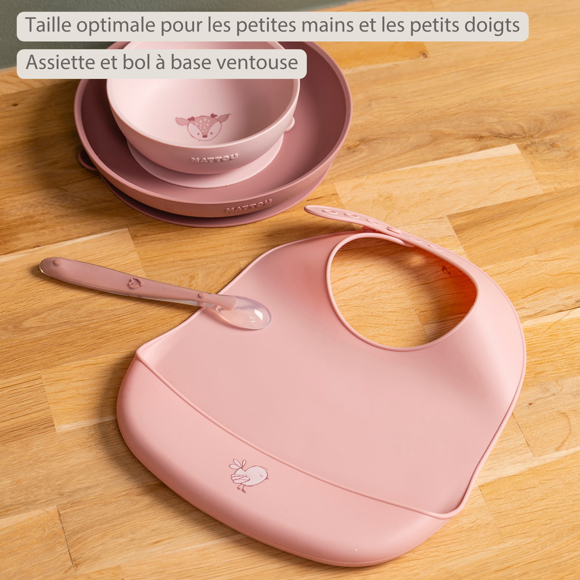 Mealtime Dinner Set for Children Silicone 4 Pieces with Suction Cup - Pink [FR]
