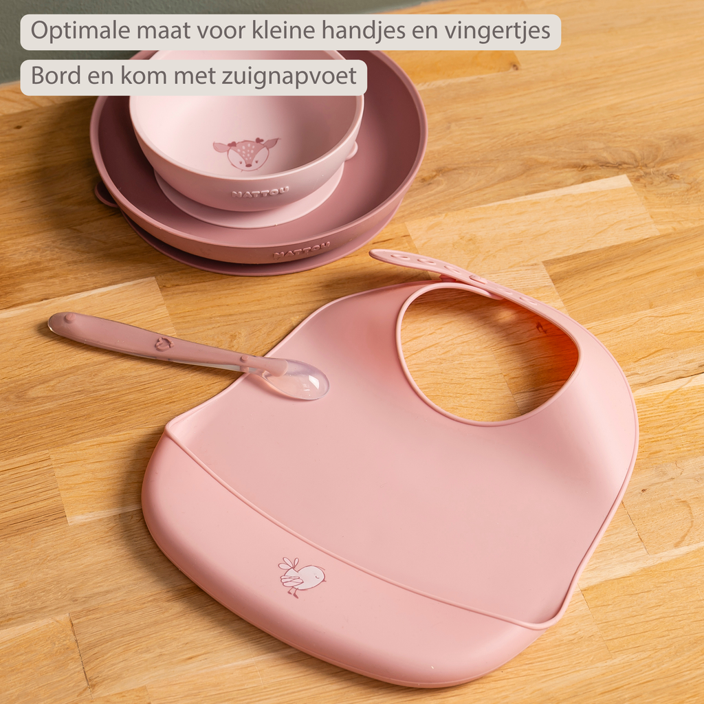 Mealtime Dinner Set for Children Silicone 4 Pieces with Suction Cup - Pink [NL]