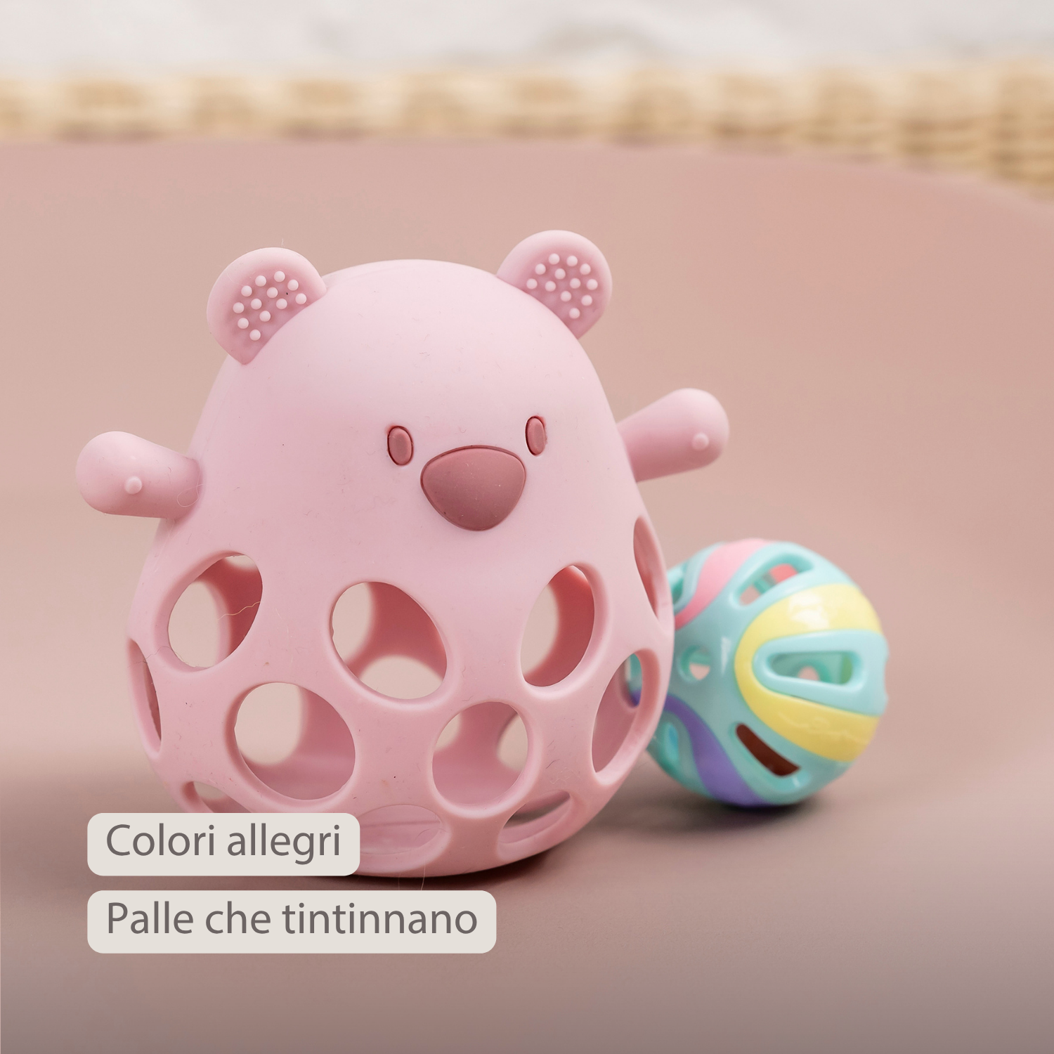 Silicone Rattle with Ball Bear - 11 cm - Powder Pink [IT]