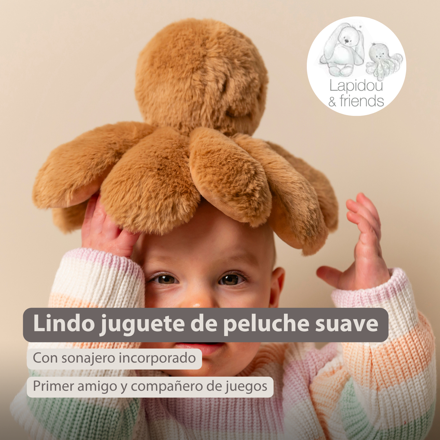 Lapidou Doudou Plush Octopus Rattle - 25 cm - Warm Beige [ES]