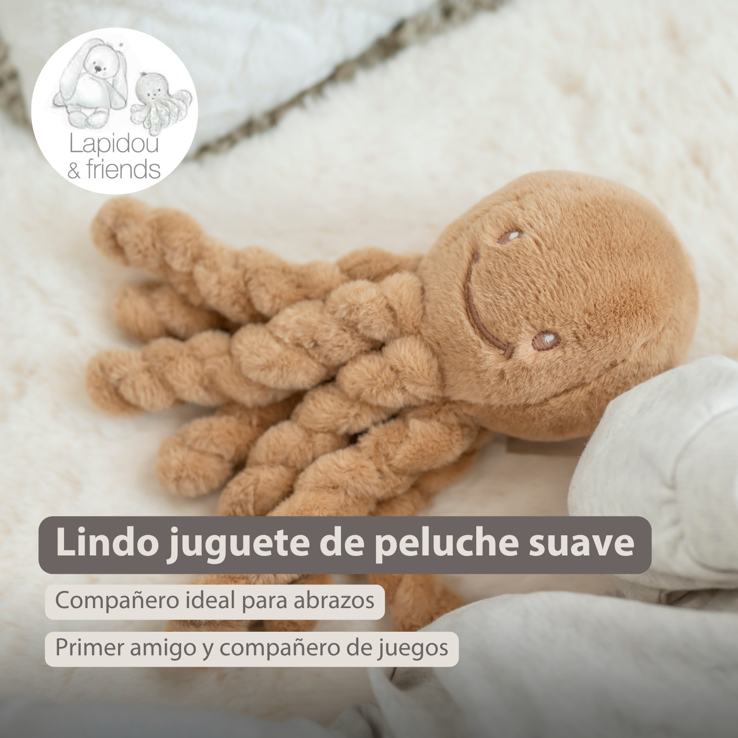 Lapidou Doudou Plush Octopus - 22 cm - Warm Beige [ES]