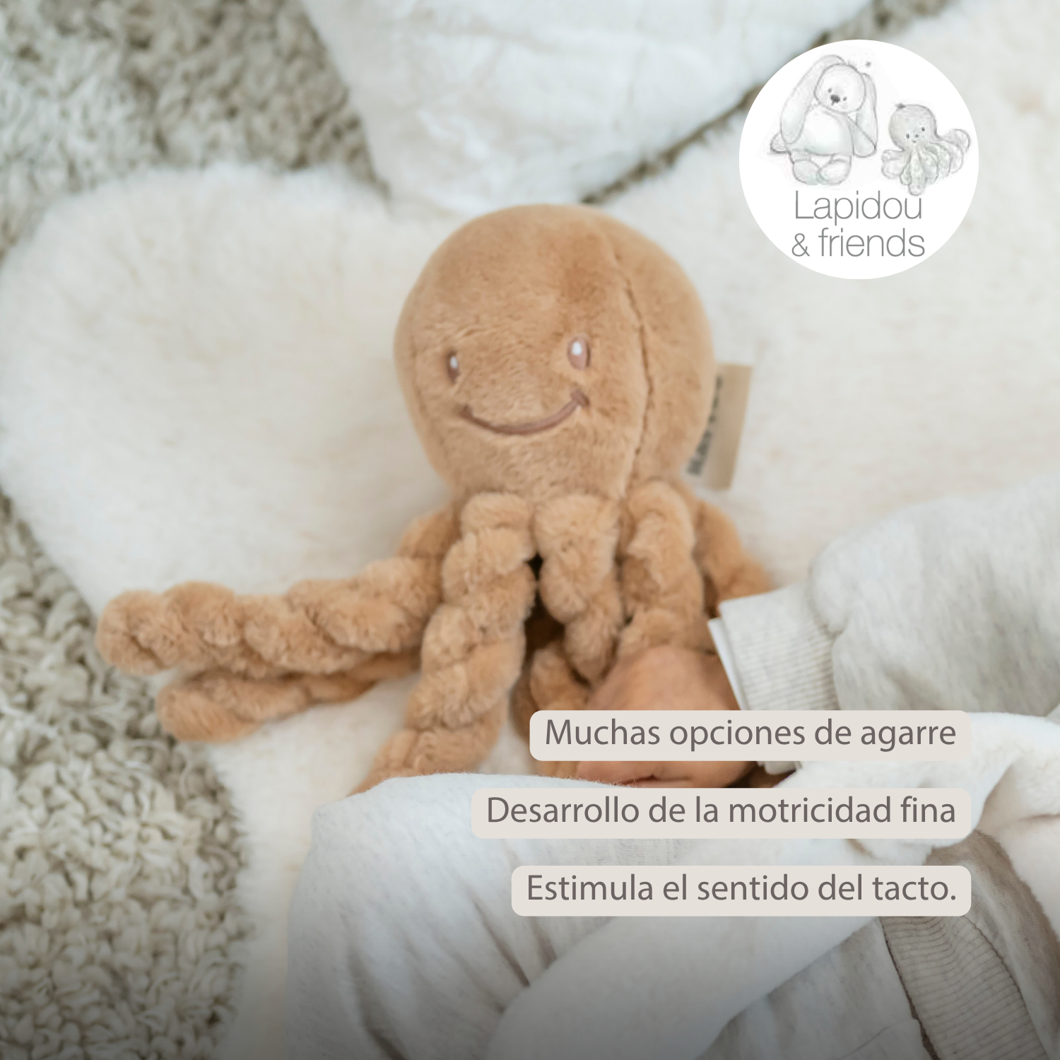 Lapidou Doudou Plush Octopus - 22 cm - Warm Beige [ES]