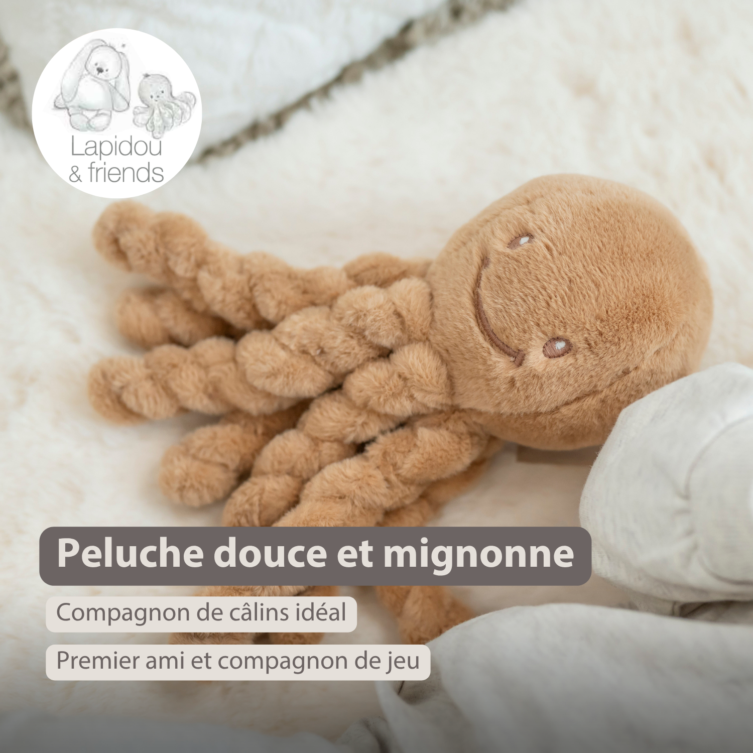 Lapidou Doudou Plush Octopus - 22 cm - Warm Beige [FR]