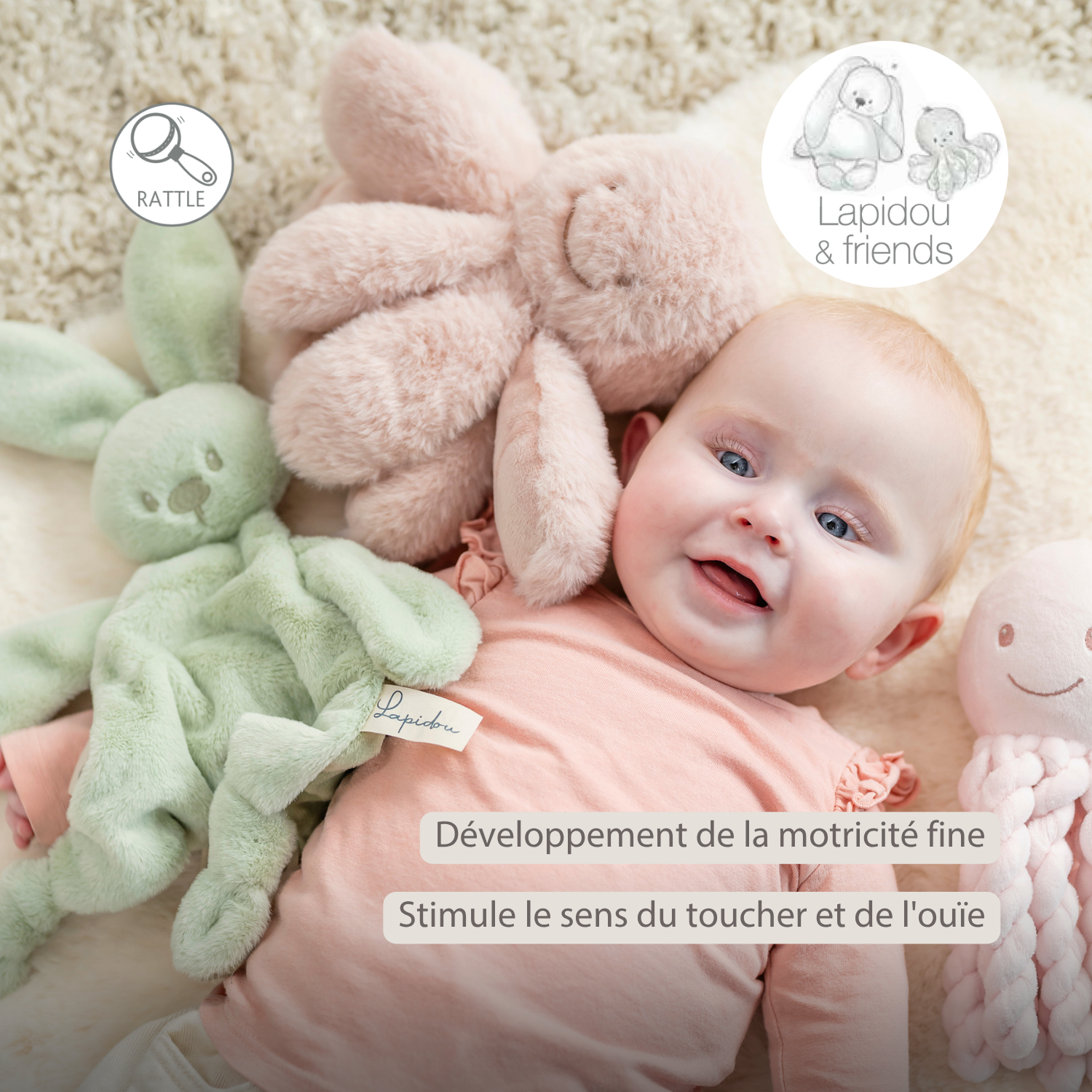 Lapidou Doudou Plush Octopus Rattle - 25 cm - Powder Pink [FR]