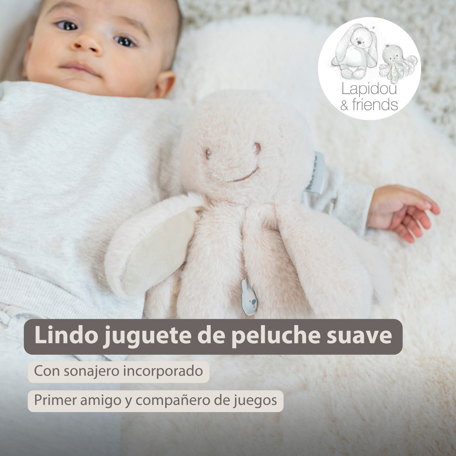 Lapidou Doudou Plush Octopus Rattle - 25 cm - Sand [ES]