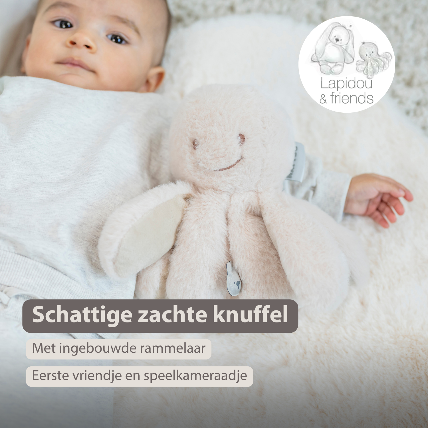 Lapidou Doudou Plush Octopus Rattle - 25 cm - Sand [NL]