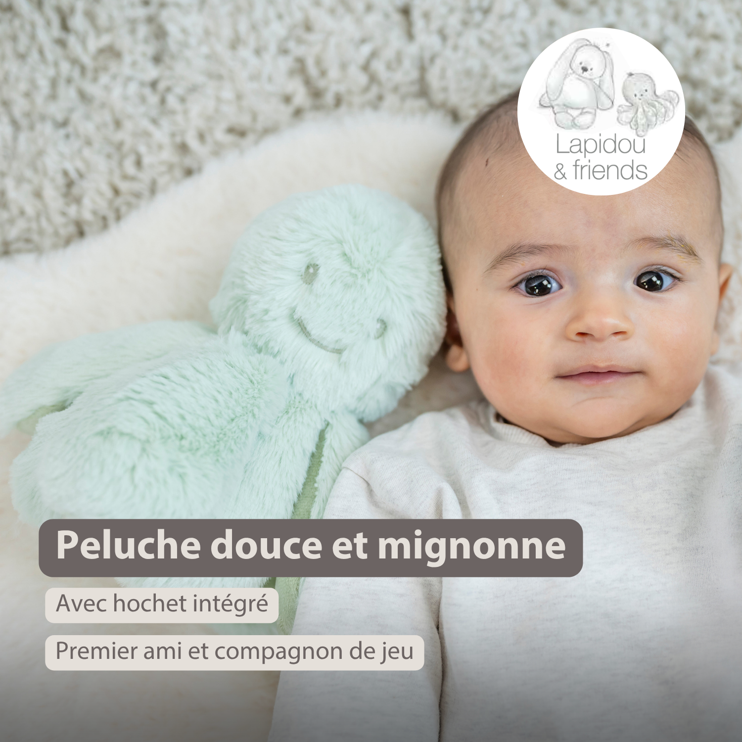 Lapidou Doudou Plush Octopus Rattle - 25 cm - Linden Green [FR]