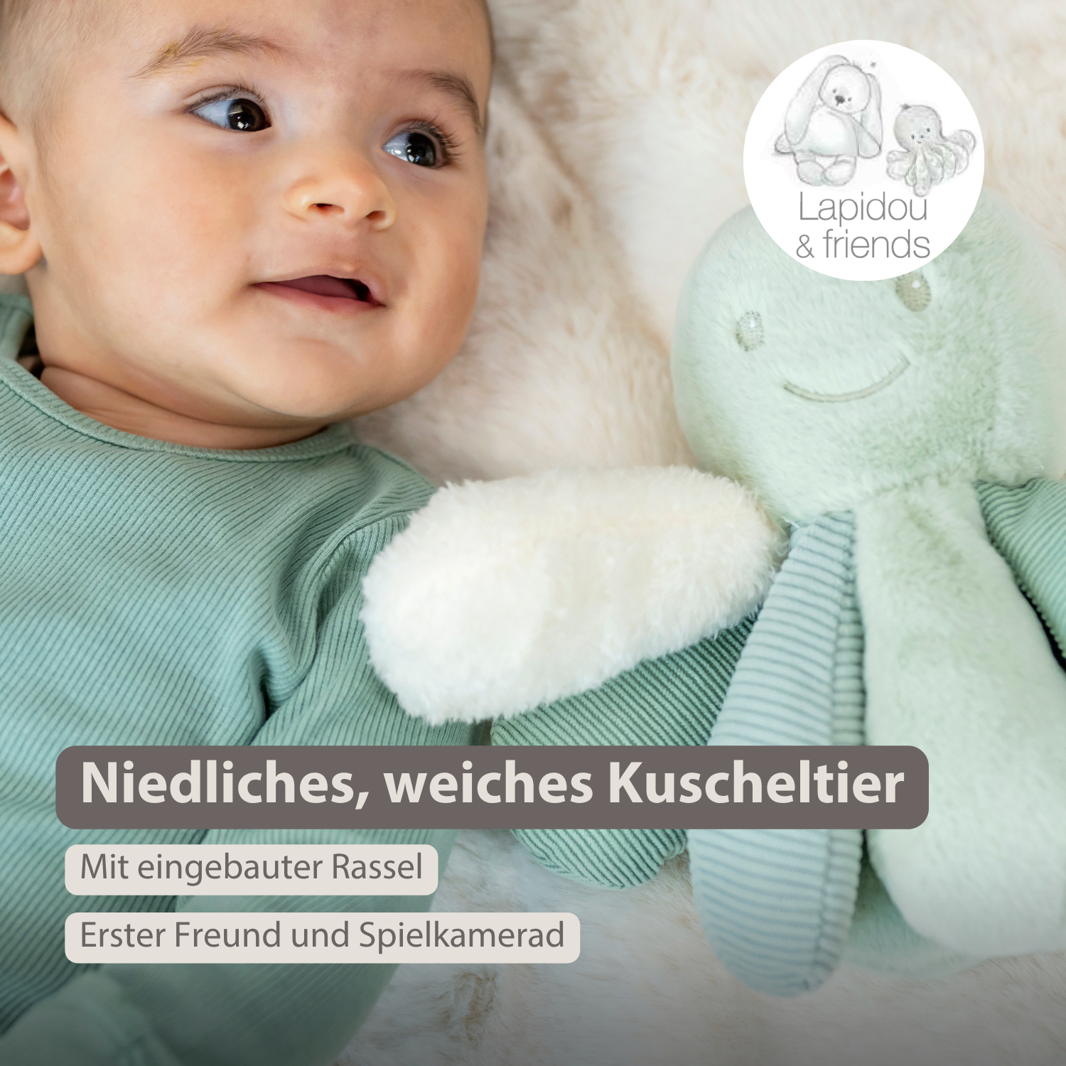 Lapidou Plush Octopus Rattle - 26 cm - Linden Green [DE]