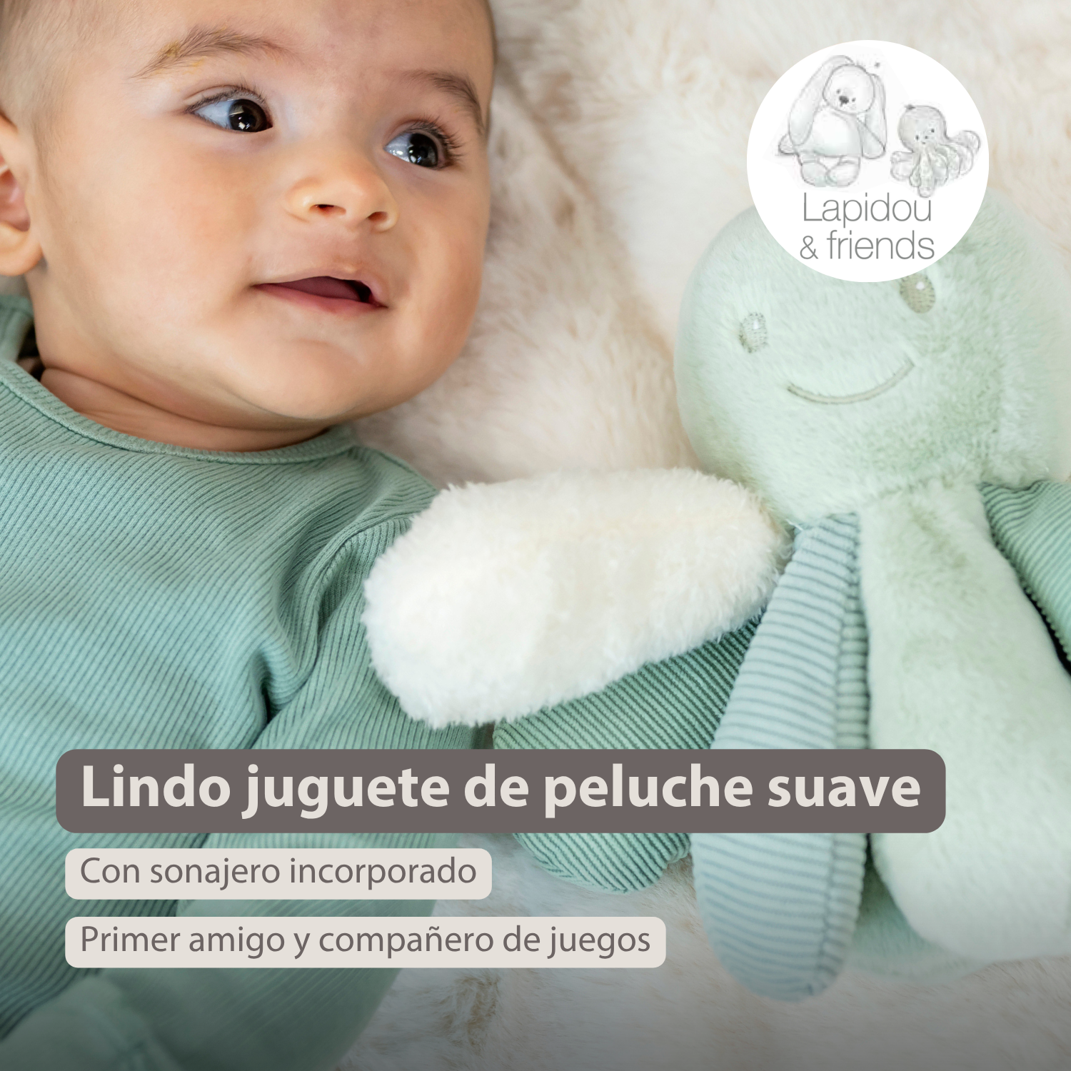 Lapidou Plush Octopus Rattle - 26 cm - Linden Green [ES]