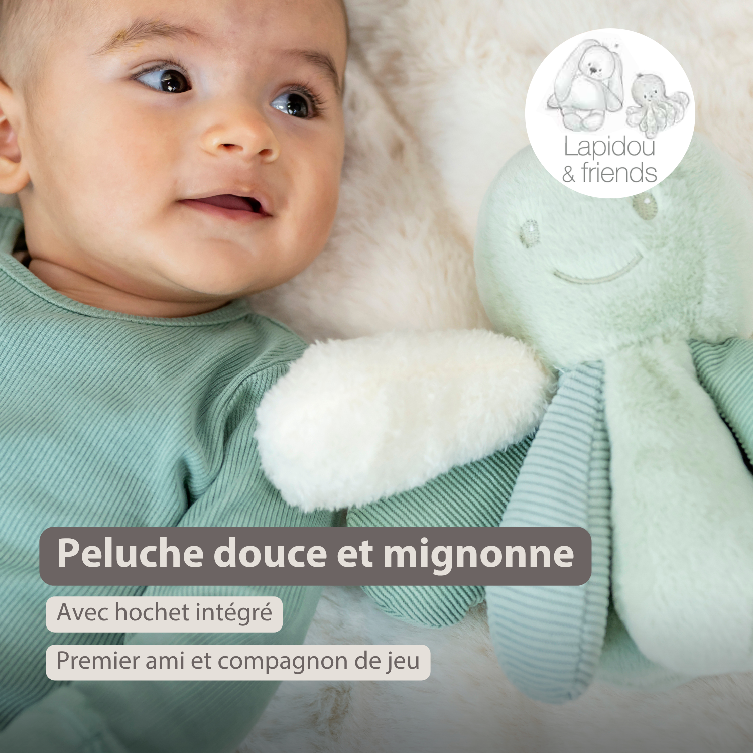 Lapidou Plush Octopus Rattle - 26 cm - Linden Green [FR]