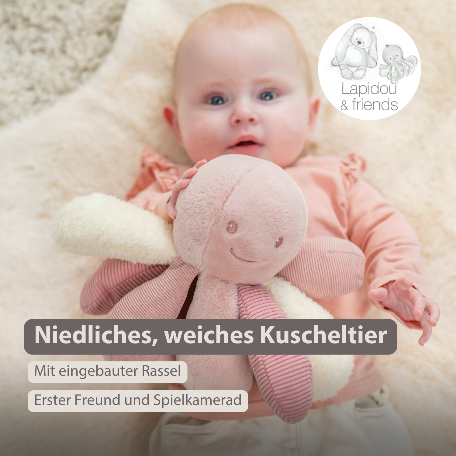 Lapidou Plush Octopus Rattle - 26 cm - Pink [DE]