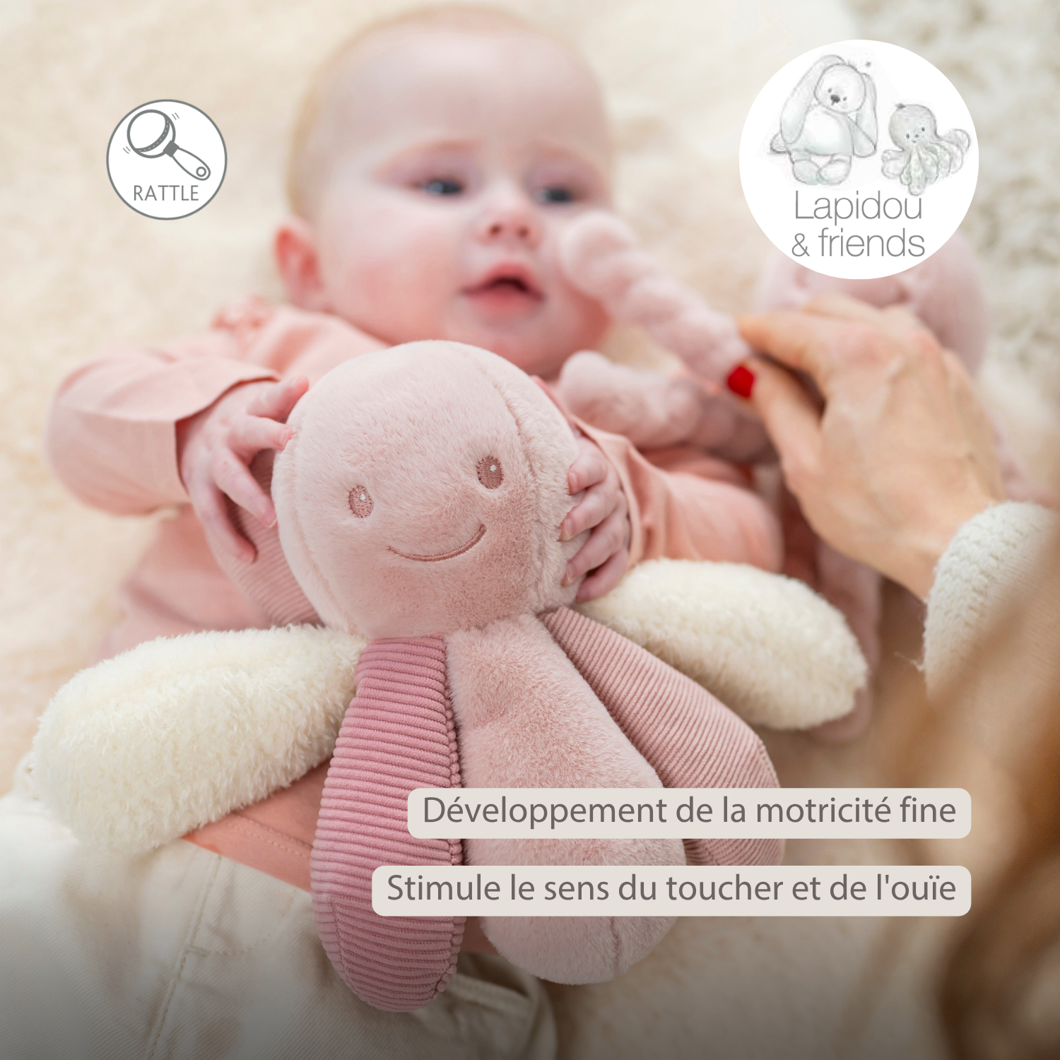 Lapidou Plush Octopus Rattle - 26 cm - Pink [FR]