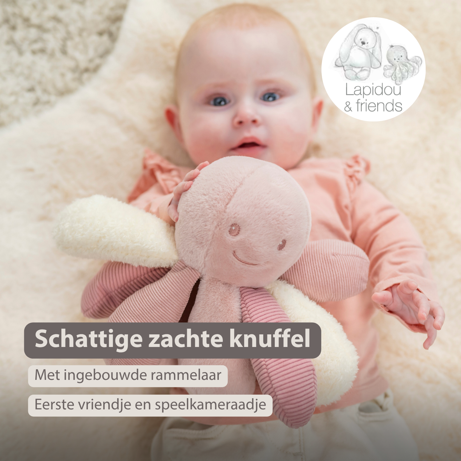 Lapidou Plush Octopus Rattle - 26 cm - Pink [NL]