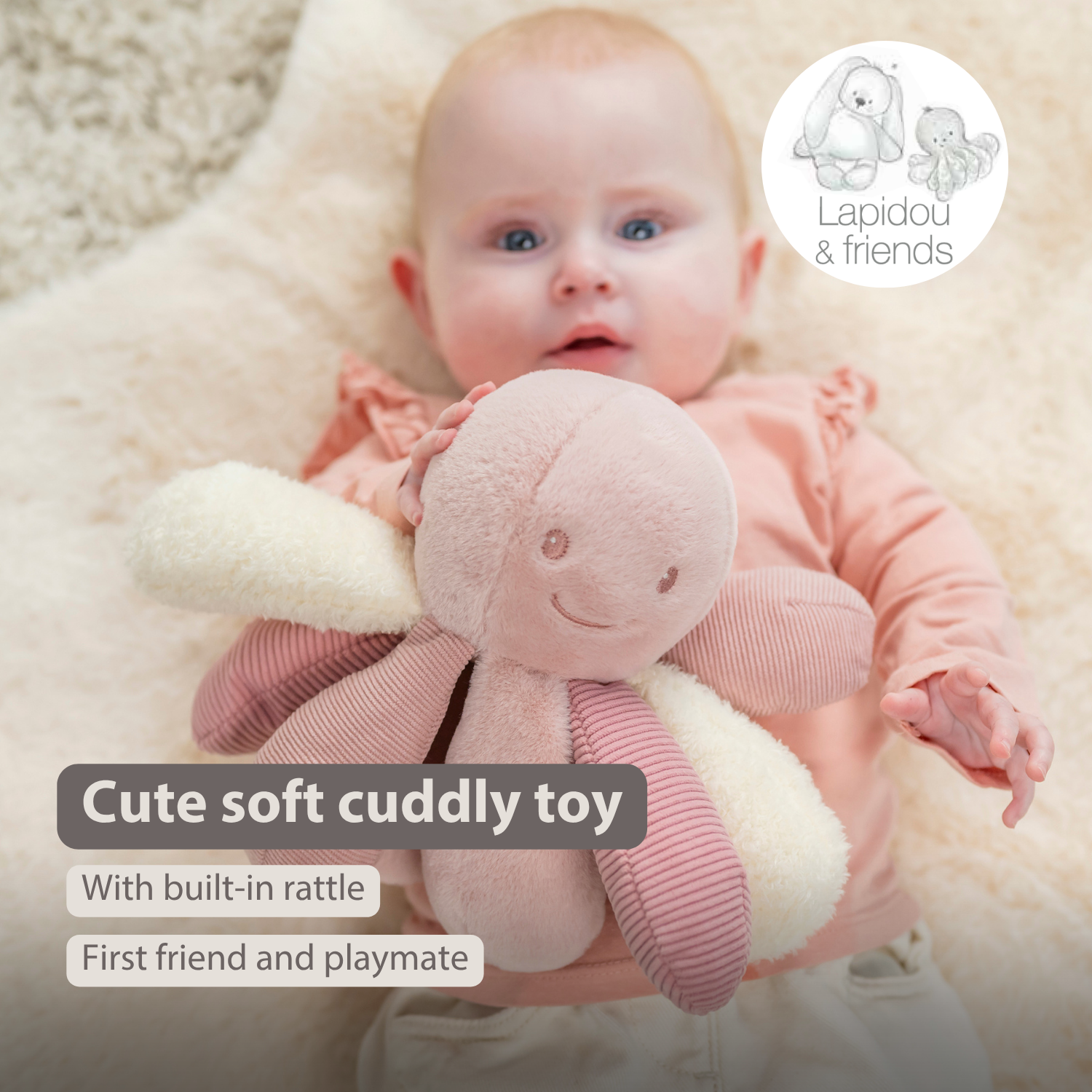 Lapidou Plush Octopus Rattle - 26 cm - Pink [EN]