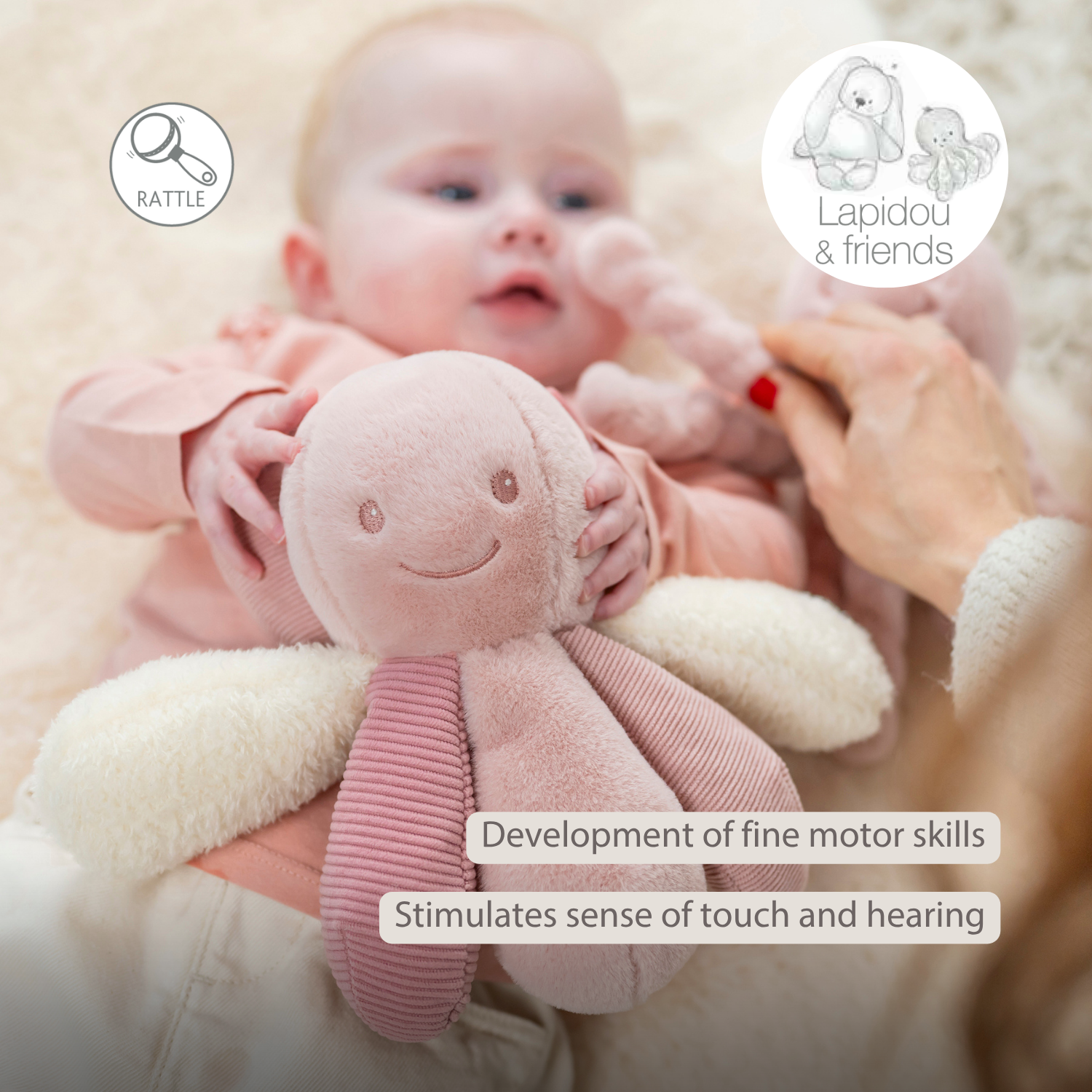 Lapidou Plush Octopus Rattle - 26 cm - Pink [EN]