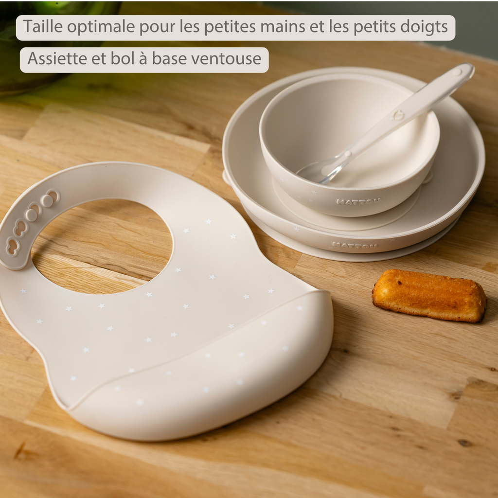 Silicone tableware – Children’s tableware – Bib – Baby tableware – Clay with stars [FR]