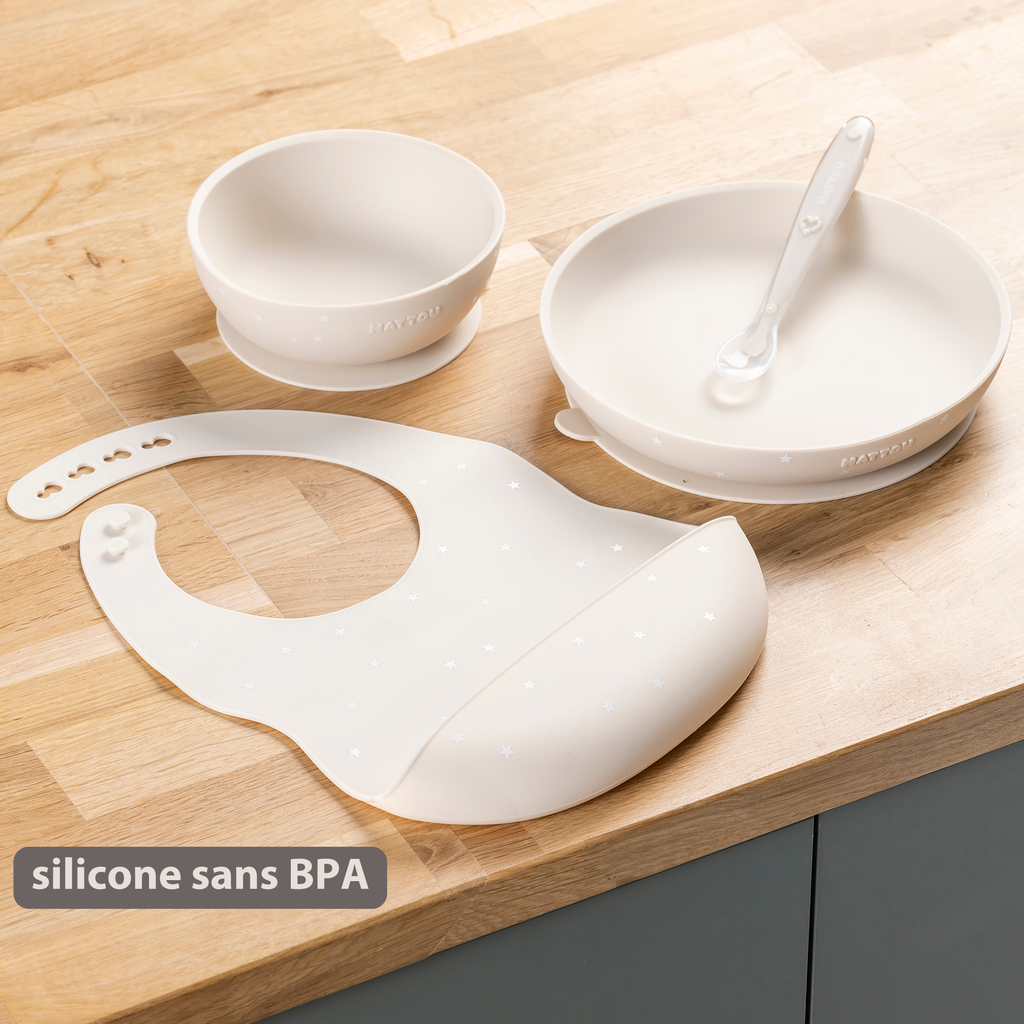 Silicone tableware – Children’s tableware – Bib – Baby tableware – Clay with stars [FR]