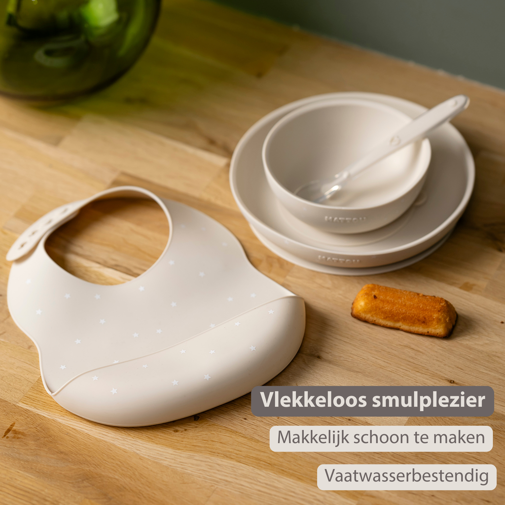 Silicone tableware – Children’s tableware – Bib – Baby tableware – Clay with stars [NL]