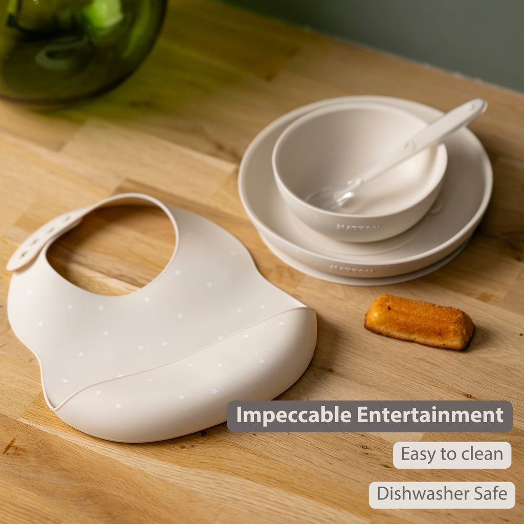 Silicone tableware – Children’s tableware – Bib – Baby tableware – Clay with stars [EN]