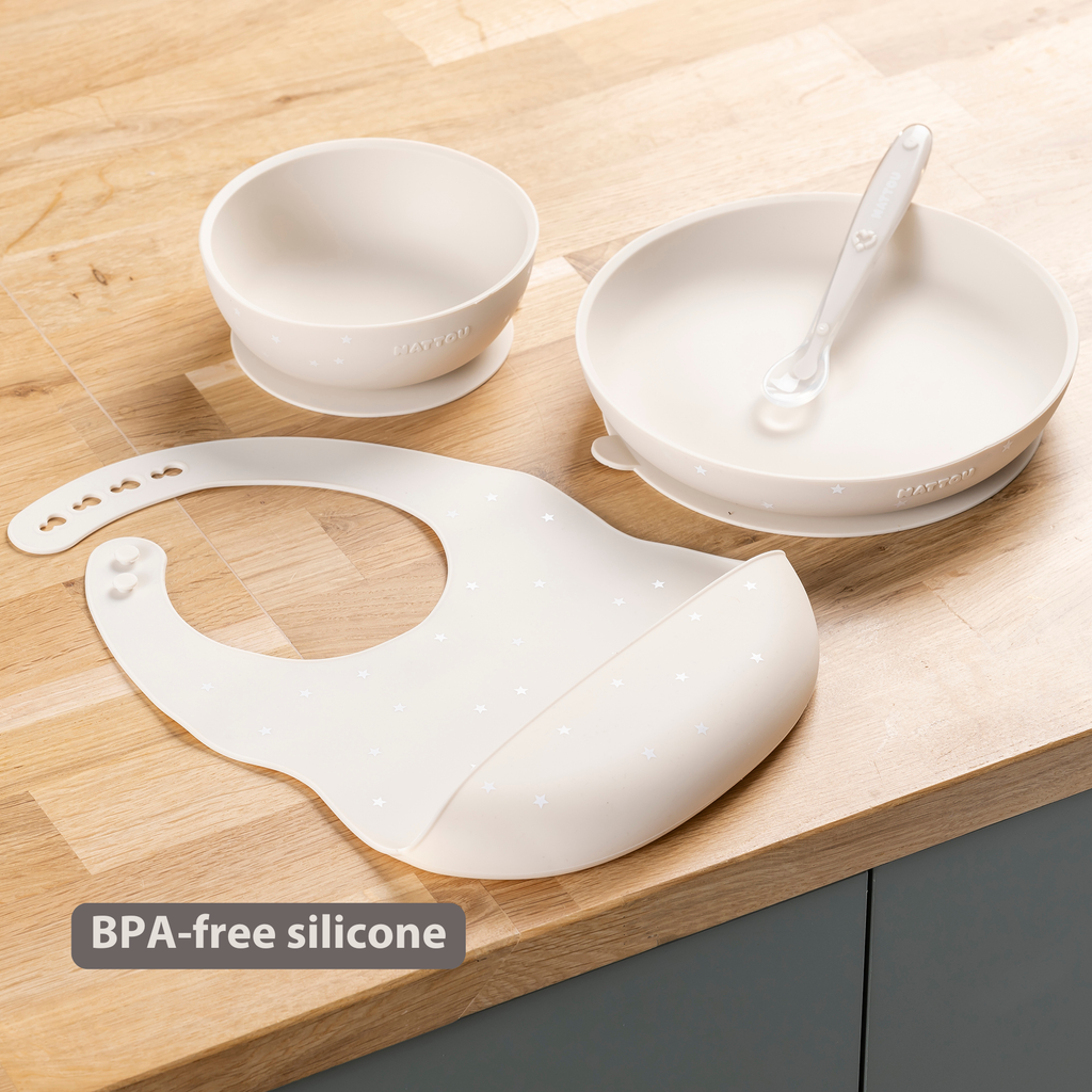Silicone tableware – Children’s tableware – Bib – Baby tableware – Clay with stars [EN]