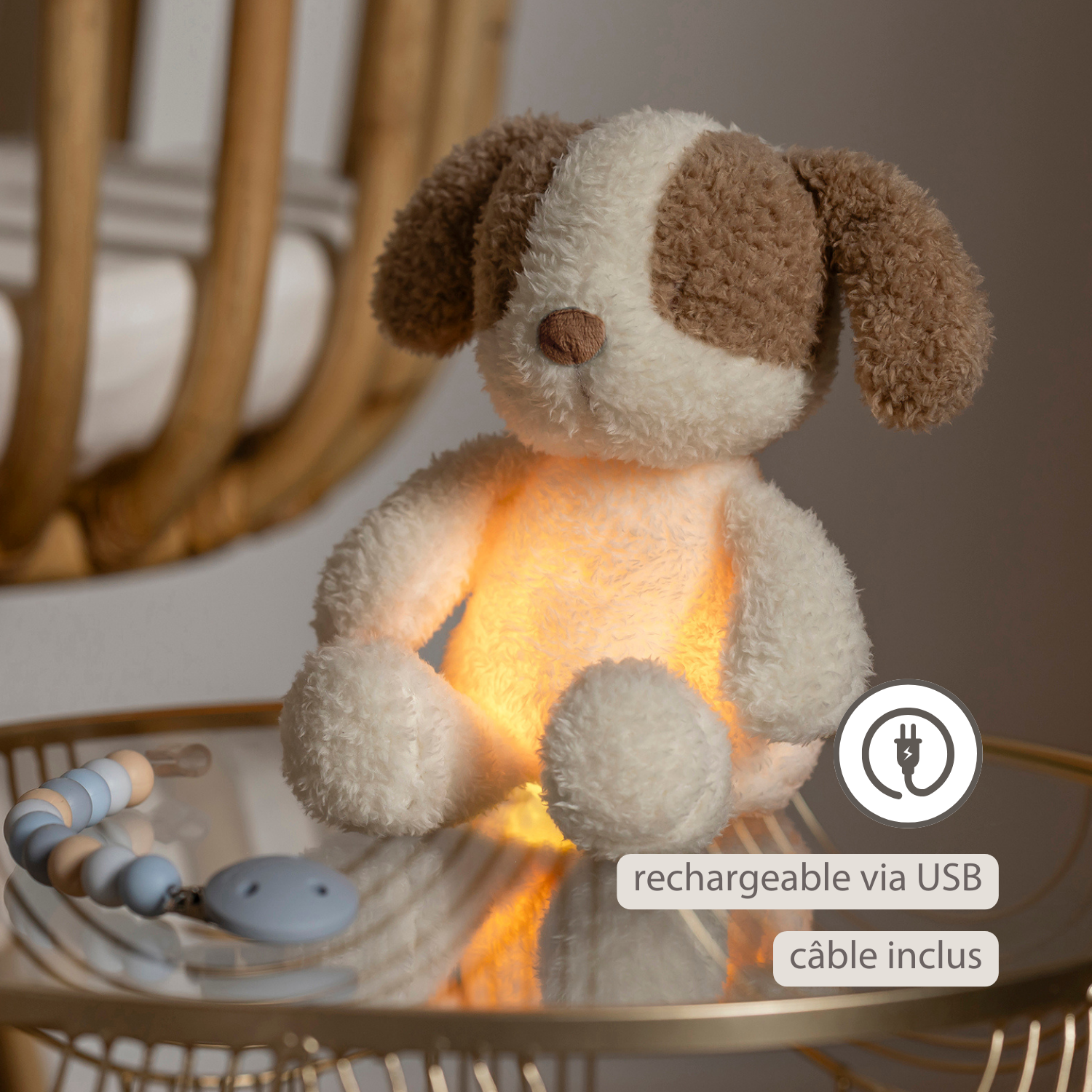 TEDDY Baby Night Light Dog – 25 cm – Soft Baby Plush – Beige [FR]