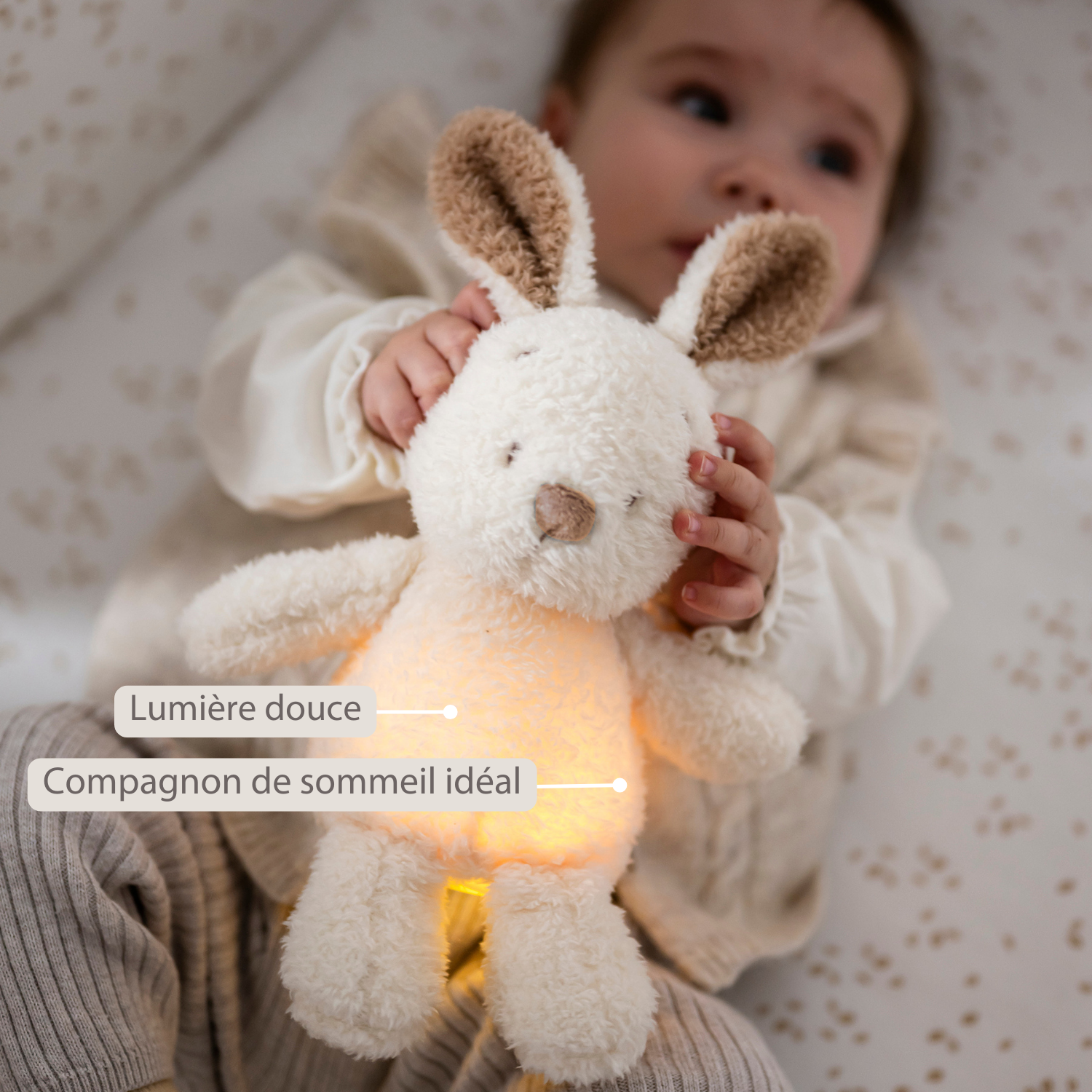 TEDDY Baby Night Light Bunny – 25 cm – Soft Baby Plush – Beige [FR]