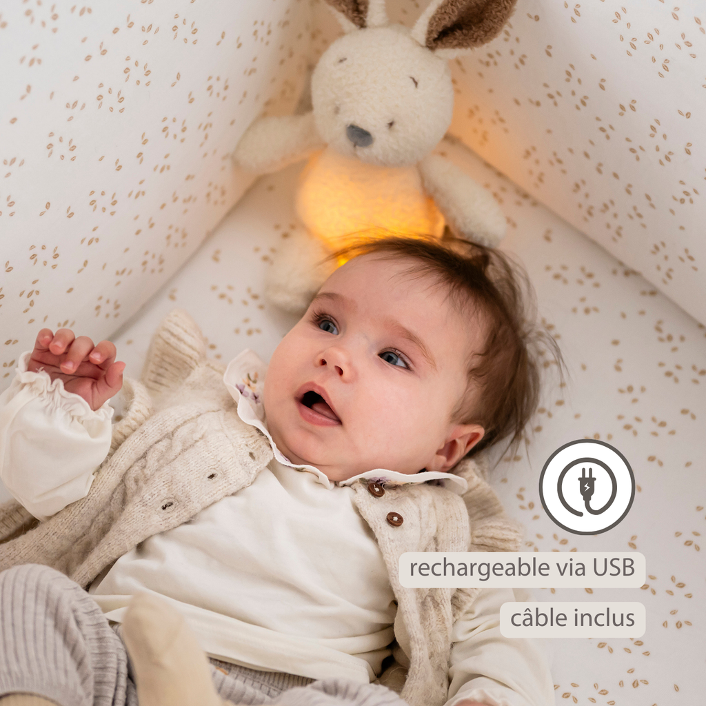 TEDDY Baby Night Light Bunny – 25 cm – Soft Baby Plush – Beige [FR]