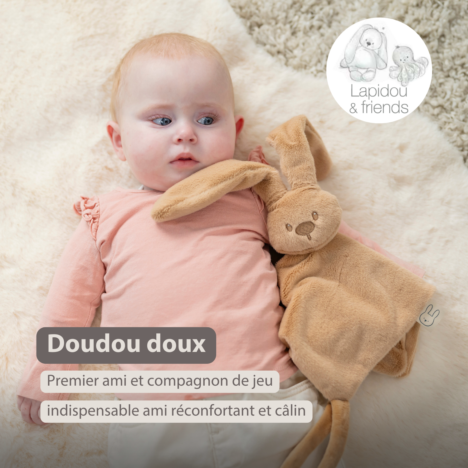 Lapidou Baby Comforter - 27 x 27 cm - Doudou Rabbit - Warm Beige [FR]