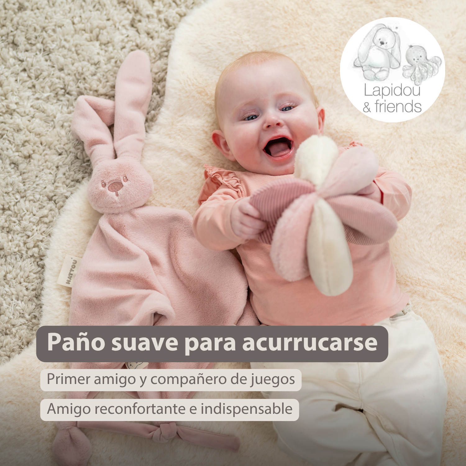 Lapidou Baby Comforter - 65 x 40 cm - Doudou Rabbit - Powder Pink [ES]